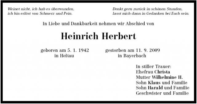 Herbert Heinrich 1942-2009 Todesanzeige